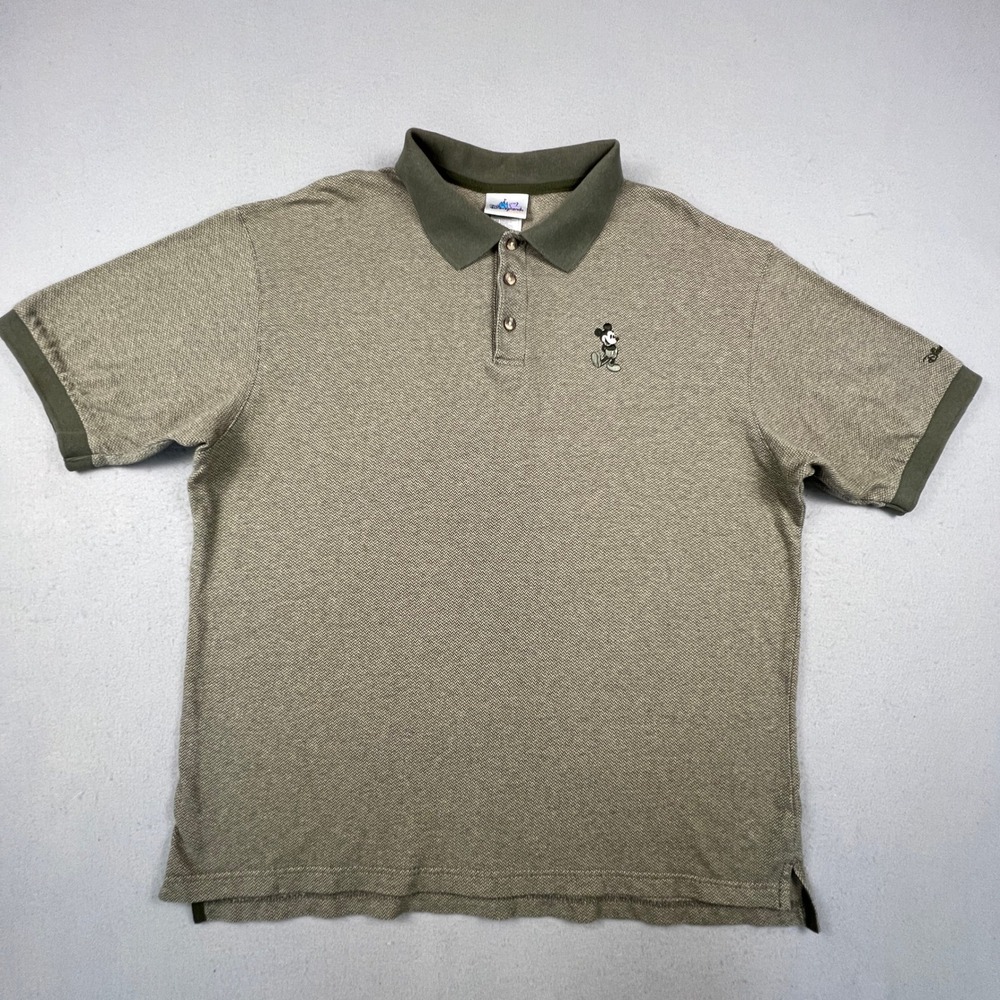 Disneyland Resort Polo Shirt Mens XL Green Herringbone Mickey Mouse Embroidered